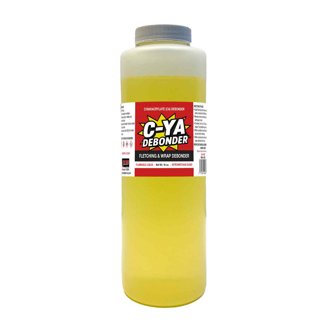 Pine Ridge C-YA Debonder Solution 16 ounce bottle with a carbon arrow shaft stripped of old fletching