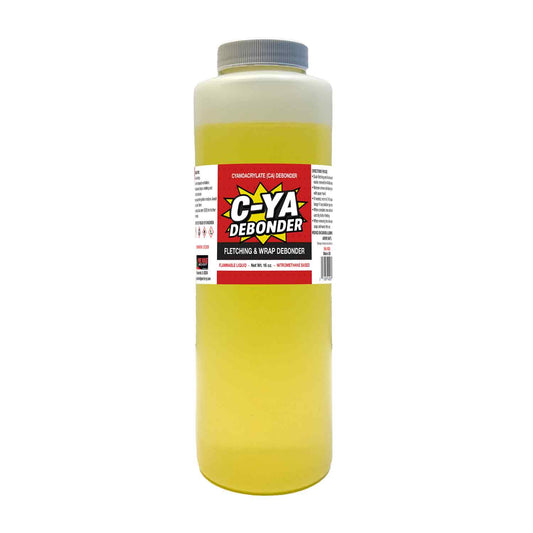 Pine Ridge C-YA Debonder Solution 16 ounce bottle with a carbon arrow shaft stripped of old fletching