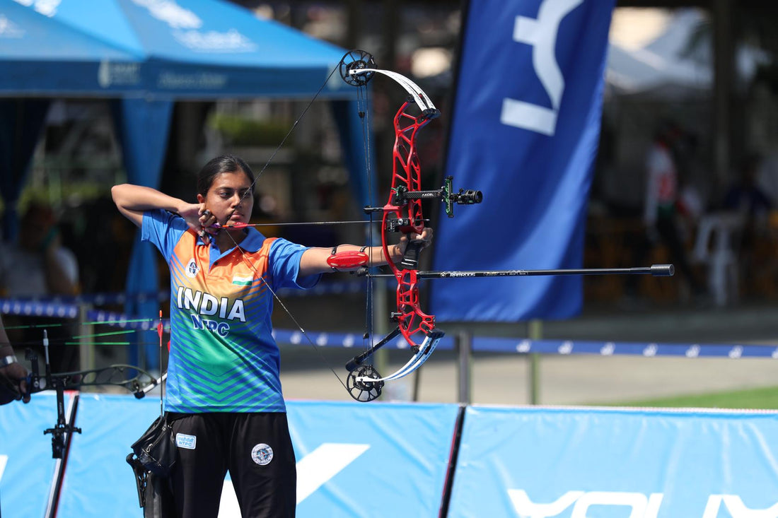 Compound archer at full draw, Asian Games 2026 qualification